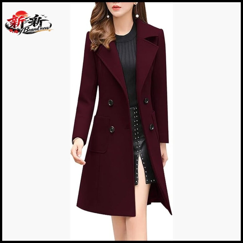 Wool Blend Pea Coat Notched Lapel Double Breasted Mid Long Overcoat